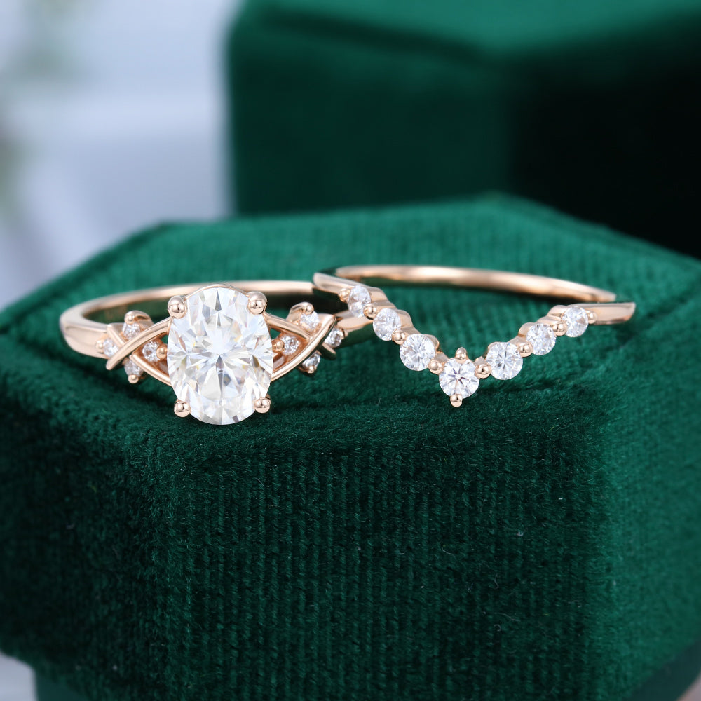 1.33 CT Oval Moissanite Art Deco Style Bridal Ring Set