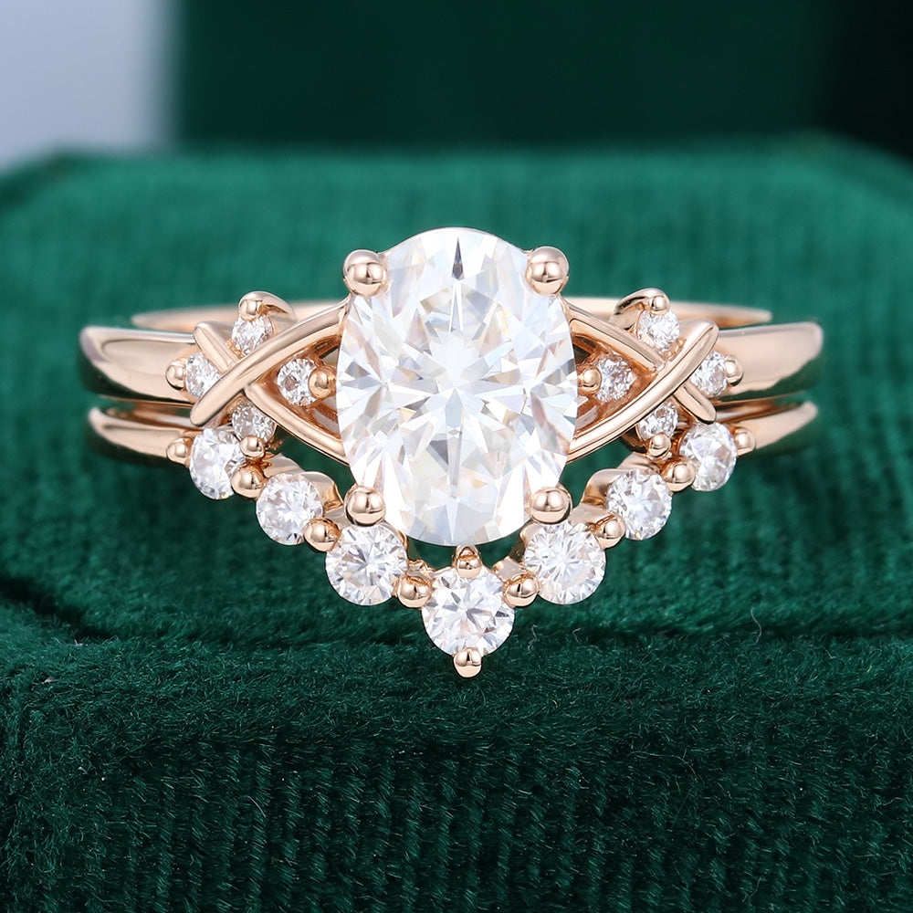 1.33 CT Oval Moissanite Art Deco Style Bridal Ring Set