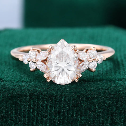 1.0 CT Pear Shaped Moissanite Cluster Engagement Ring