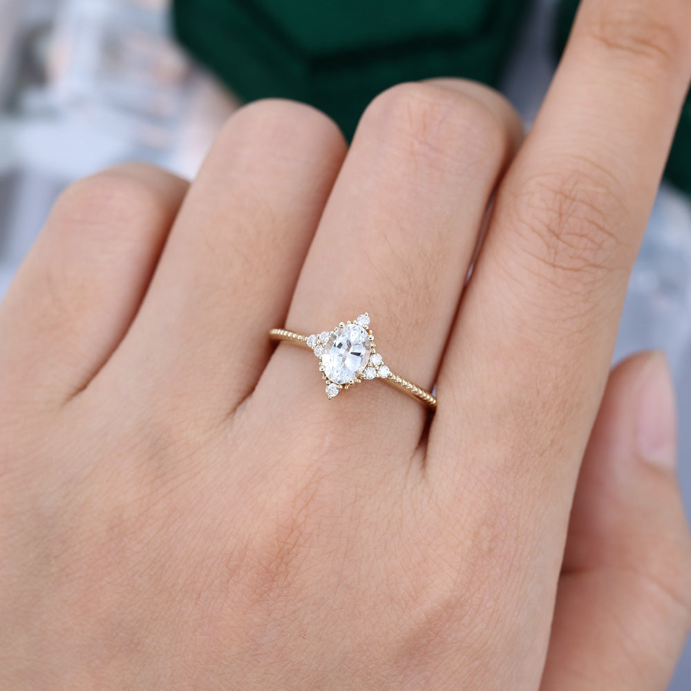 0.84 CT Oval Shaped Moissanite Cluster Engagement Ring