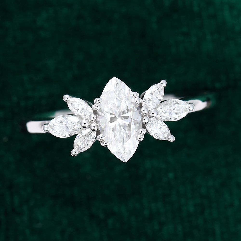 0.47 CT Marquise Shaped Moissanite Cluster Engagement Ring