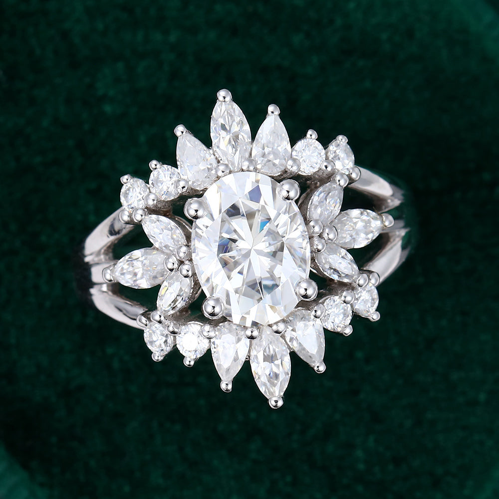 1.33 CT Oval Moissanite Cluster Bridal Ring Set