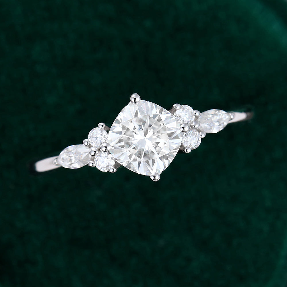 0.96 CT Cushion Shaped Moissanite Cluster Engagement Ring