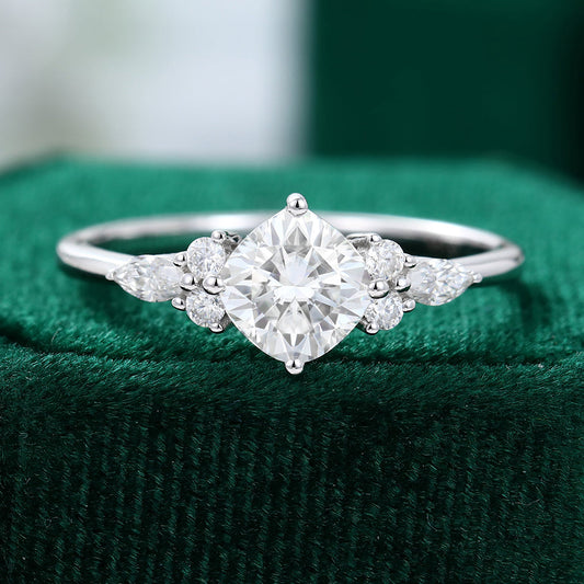 0.96 CT Cushion Shaped Moissanite Cluster Engagement Ring