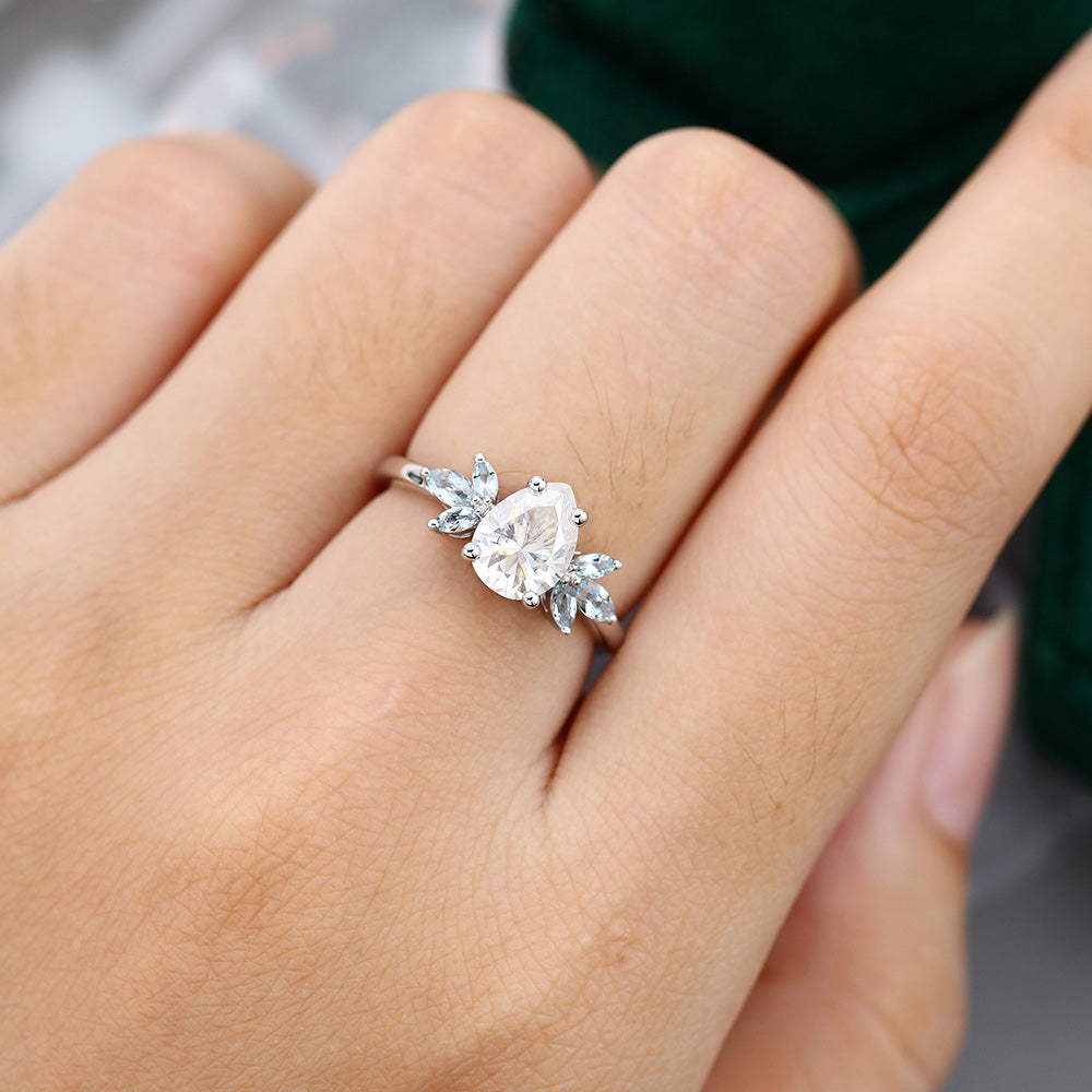 1.0 CT Pear Shaped Moissanite Cluster Engagement Ring