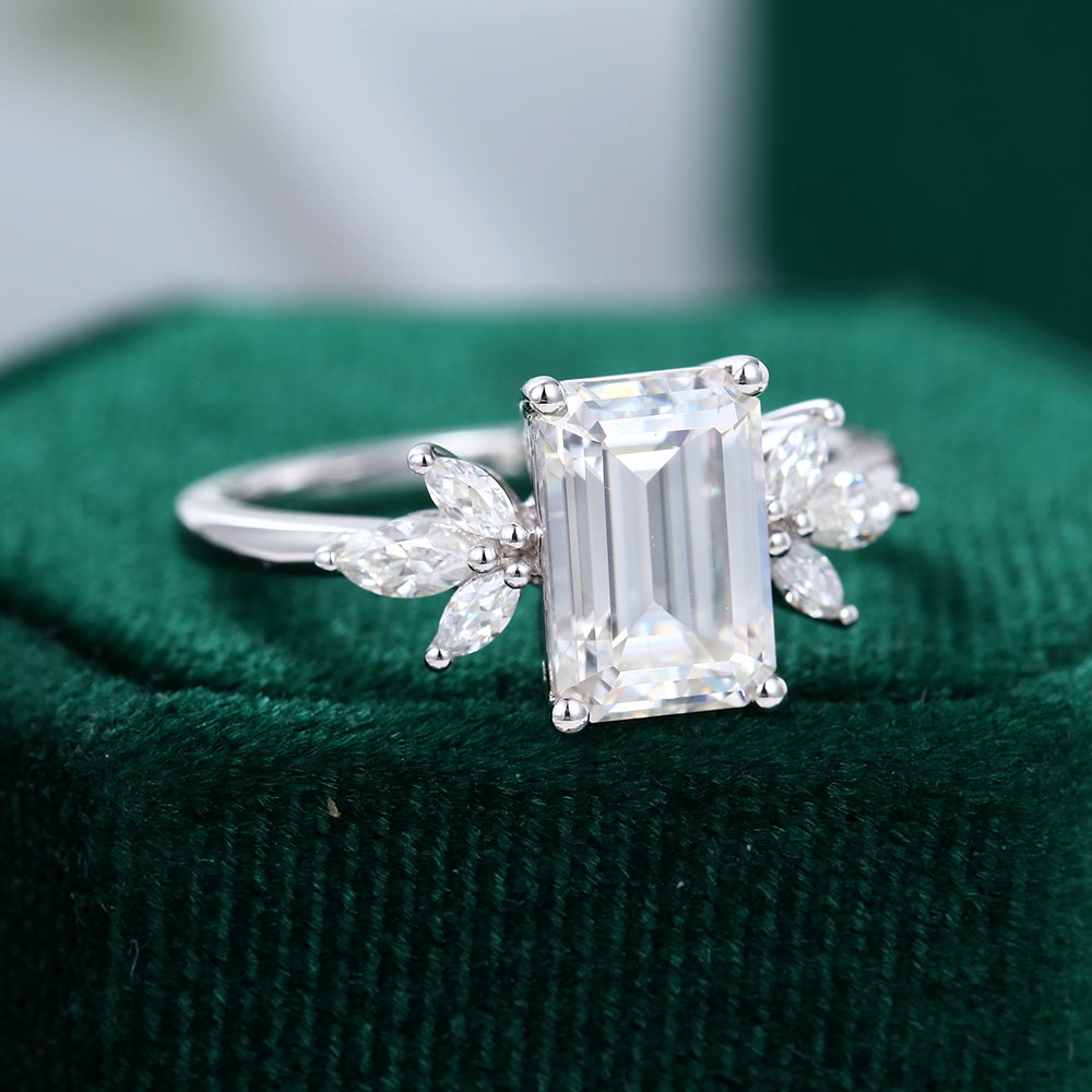 2.0 CT Emerald Shaped Moissanite Cluster Engagement Ring