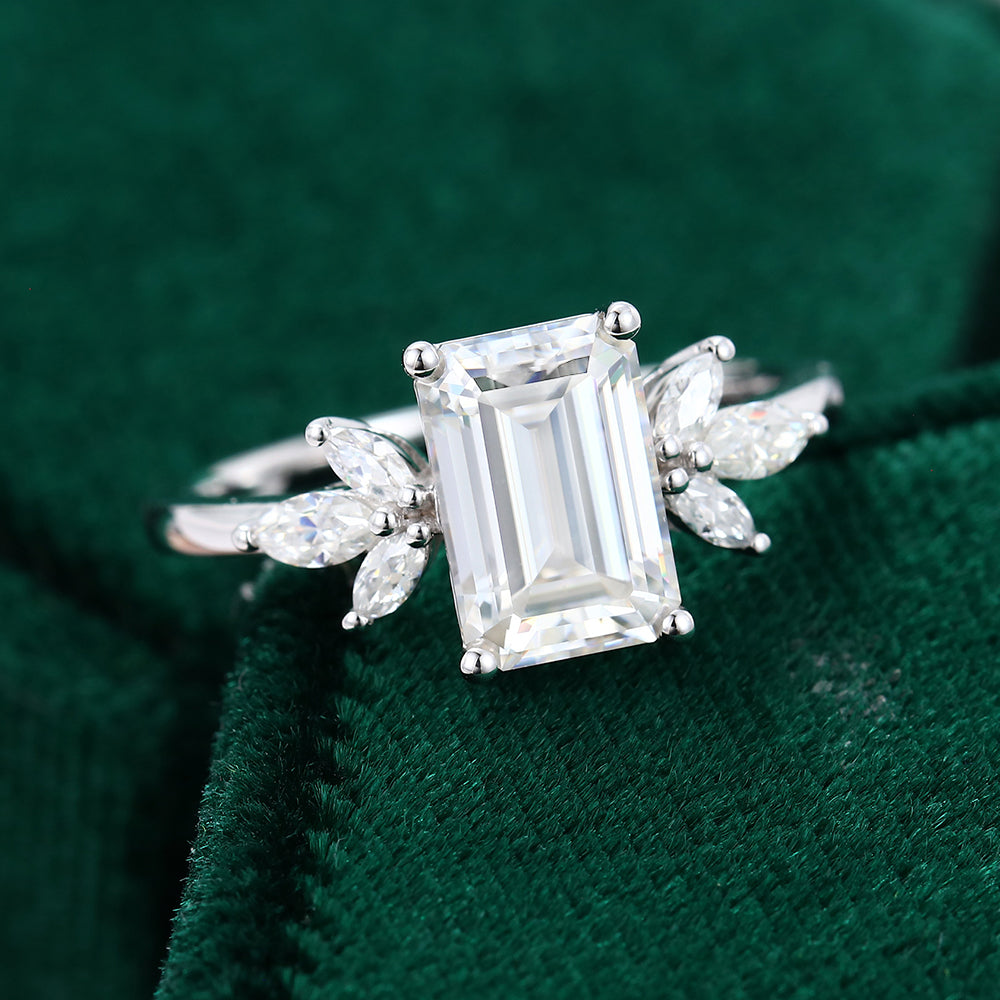 2.0 CT Emerald Shaped Moissanite Cluster Engagement Ring