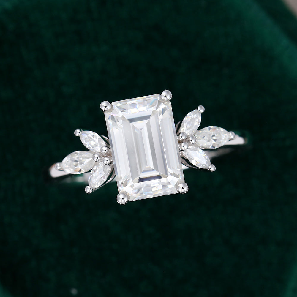 2.0 CT Emerald Shaped Moissanite Cluster Engagement Ring