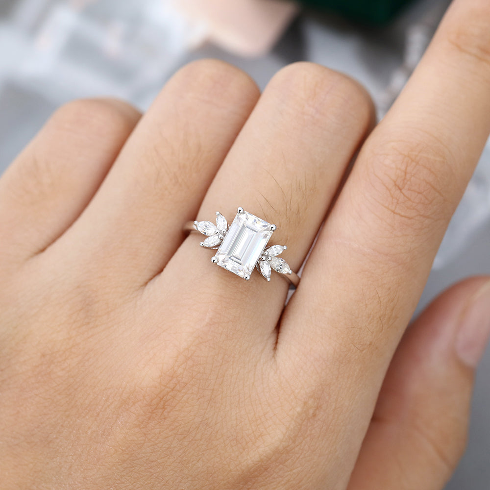 2.0 CT Emerald Shaped Moissanite Cluster Engagement Ring