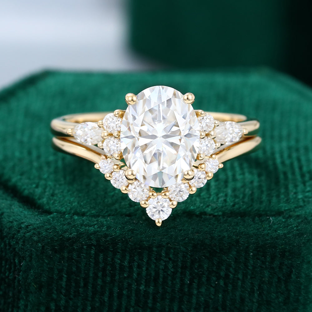 1.91 CT Oval Moissanite Cluster Bridal Ring Set