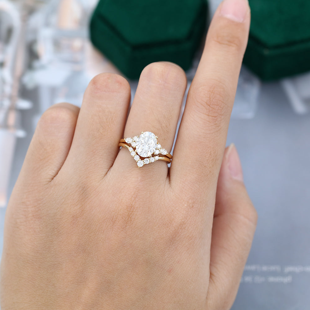 1.91 CT Oval Moissanite Cluster Bridal Ring Set