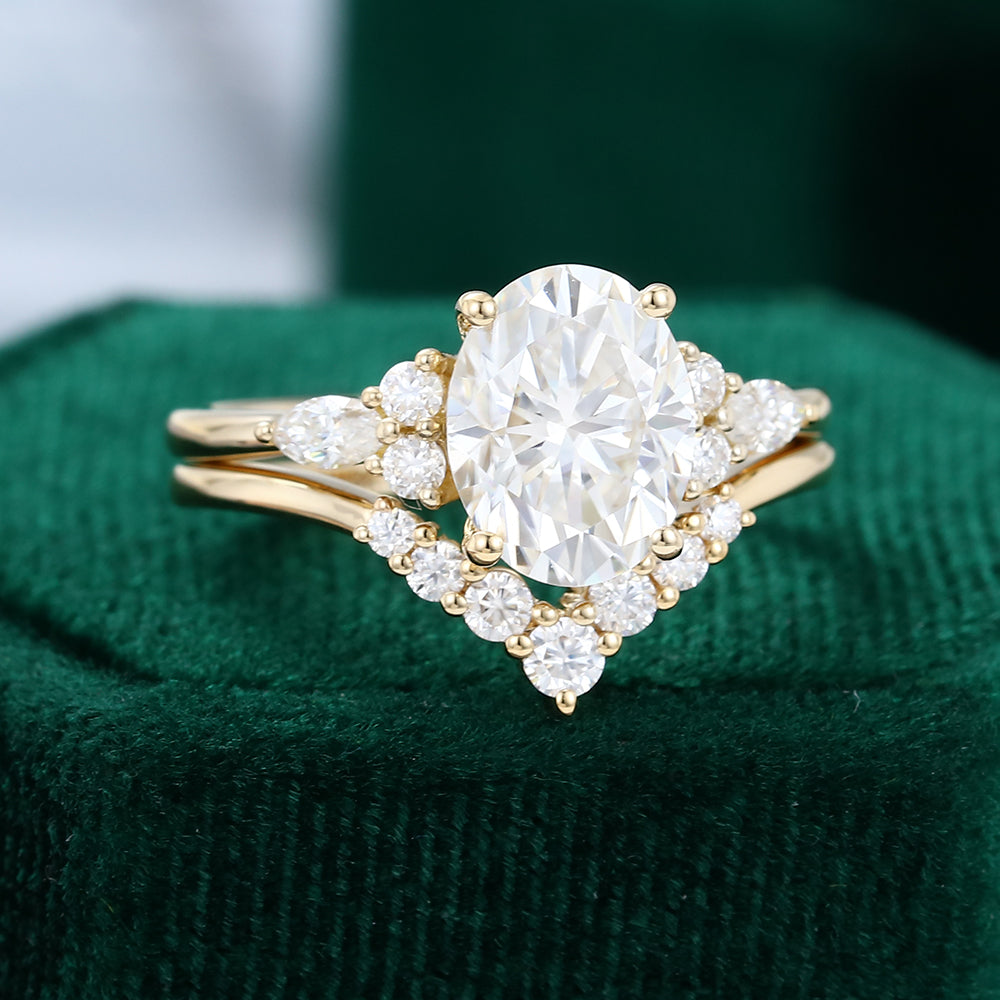 1.91 CT Oval Moissanite Cluster Bridal Ring Set