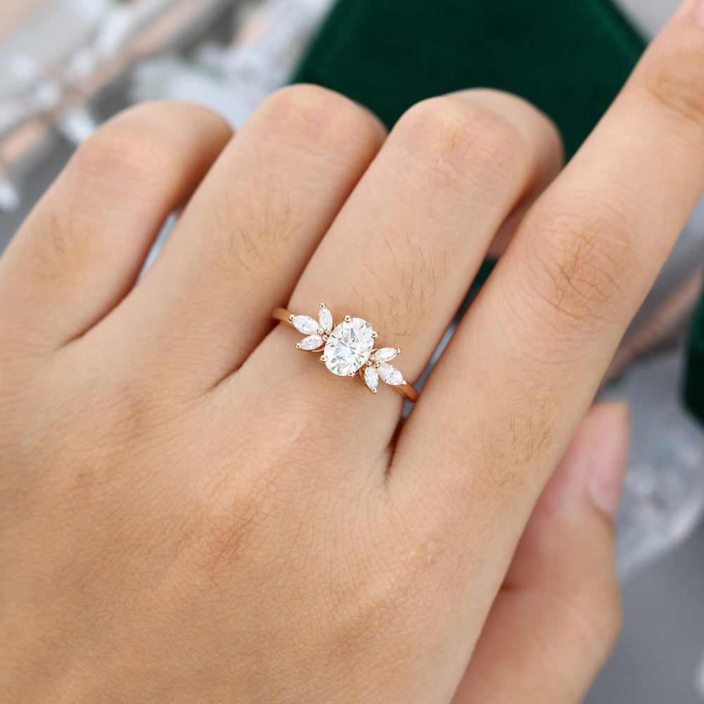 0.84 CT Oval Shaped Moissanite Cluster Engagement Ring