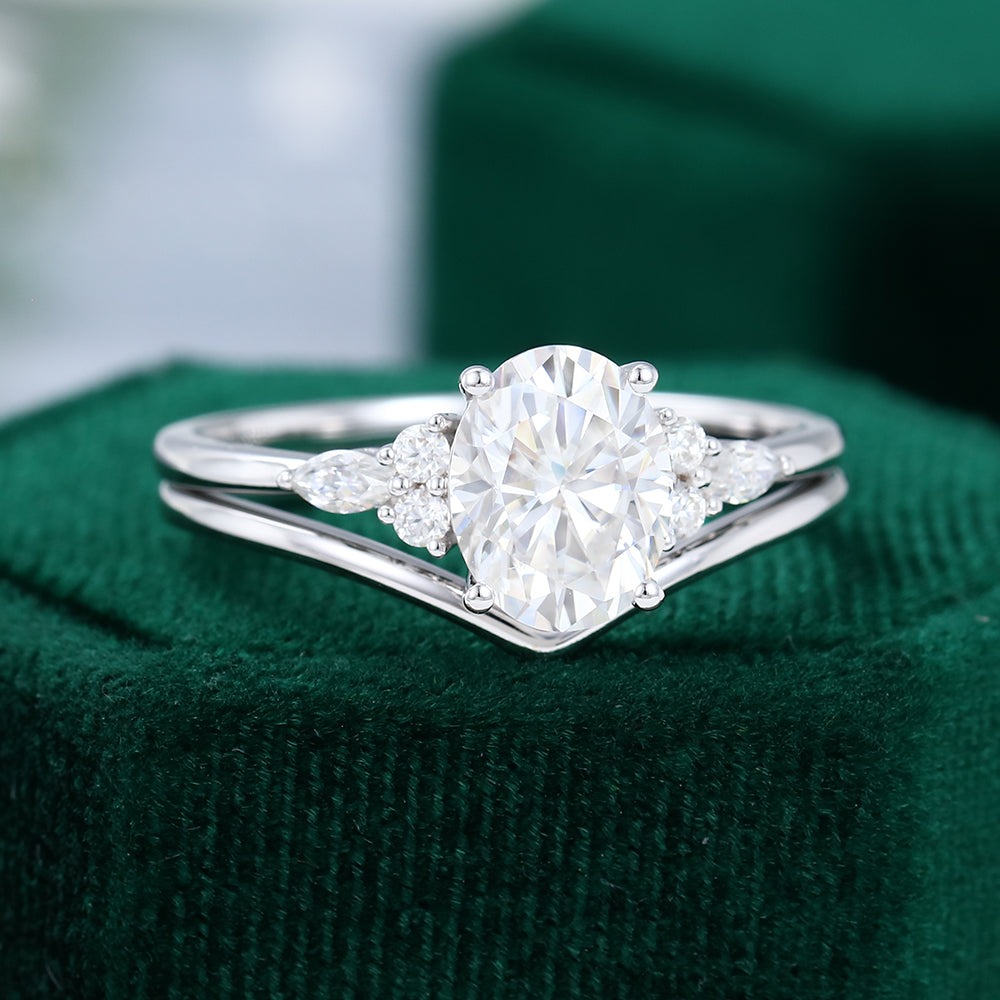 1.91 CT Oval Moissanite Cluster Bridal Ring Set