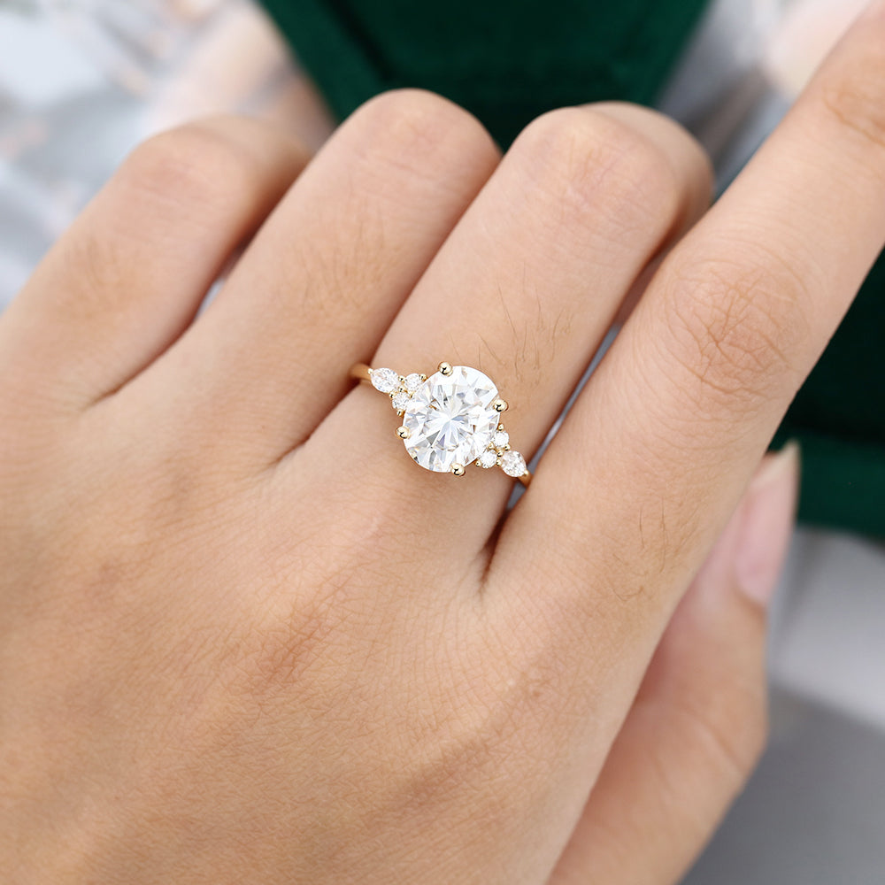 3.0 CT Oval Shaped Moissanite Cluster Engagement Ring