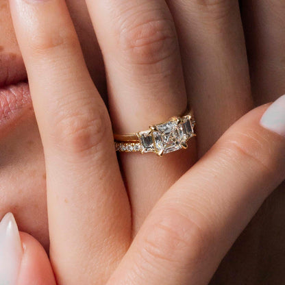 2 CT Asscher: Three Stone Lab Grown Diamond Engagement Ring