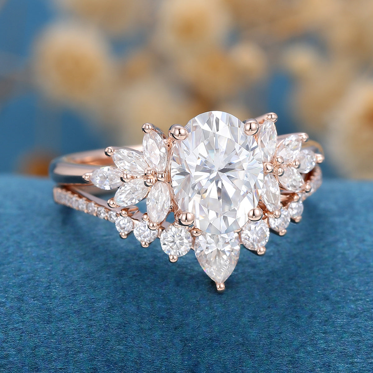 1.33 CT Oval Shaped Moissanite Cluster Bridal Set