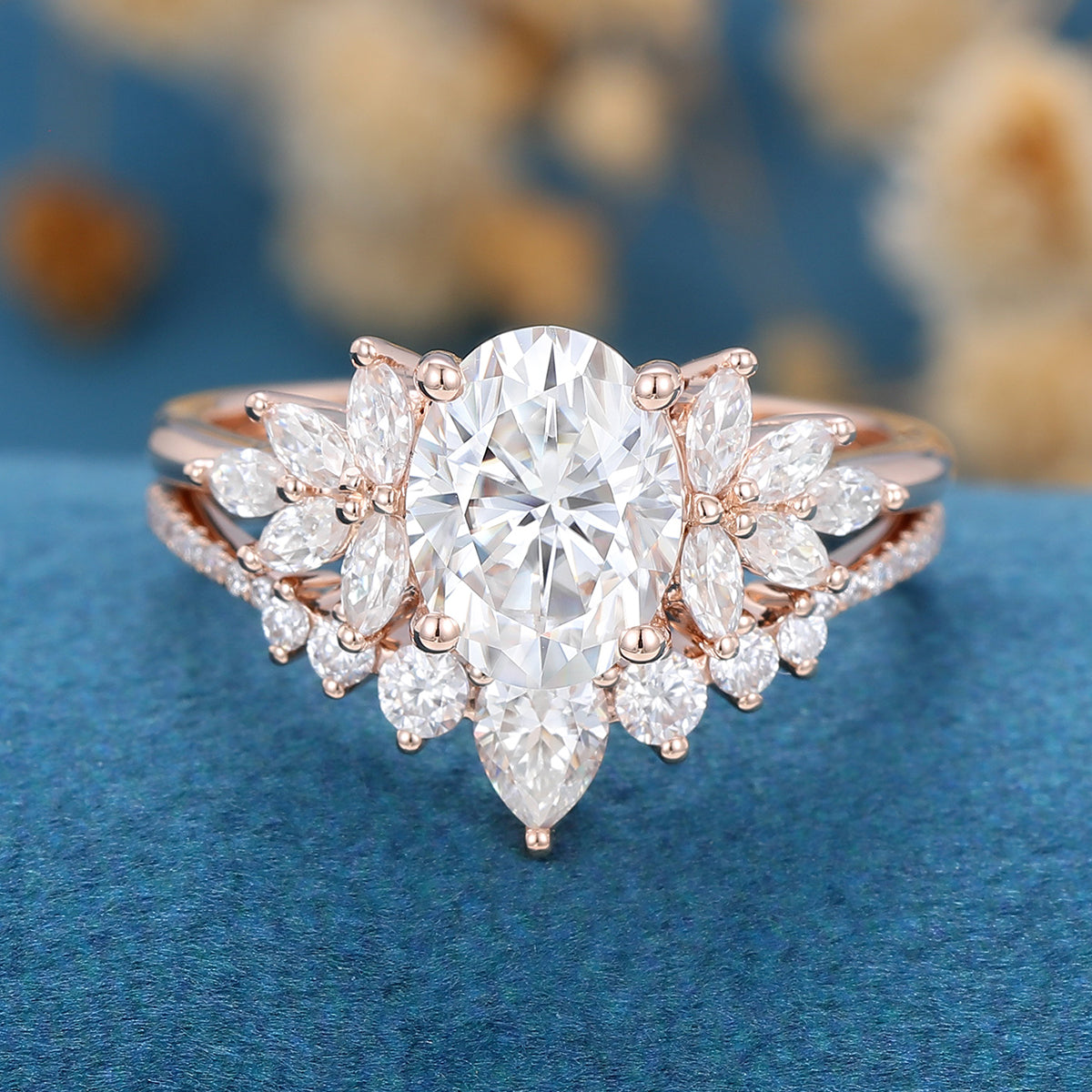 1.33 CT Oval Shaped Moissanite Cluster Bridal Set