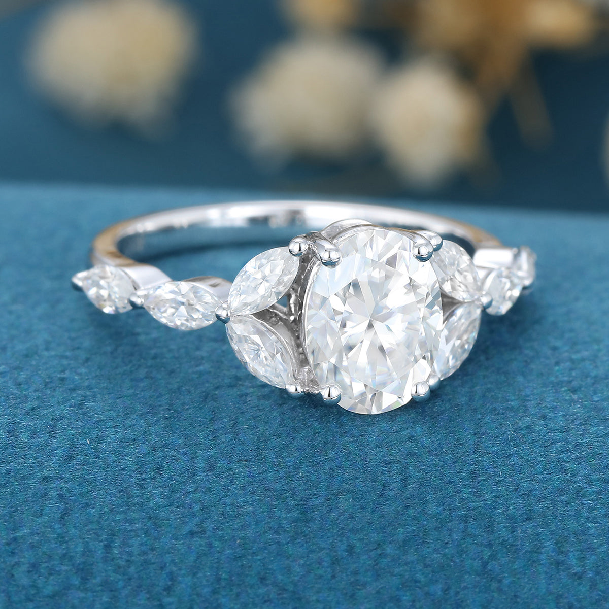 1.33 CT Oval Shaped Moissanite Cluster Engagement Ring