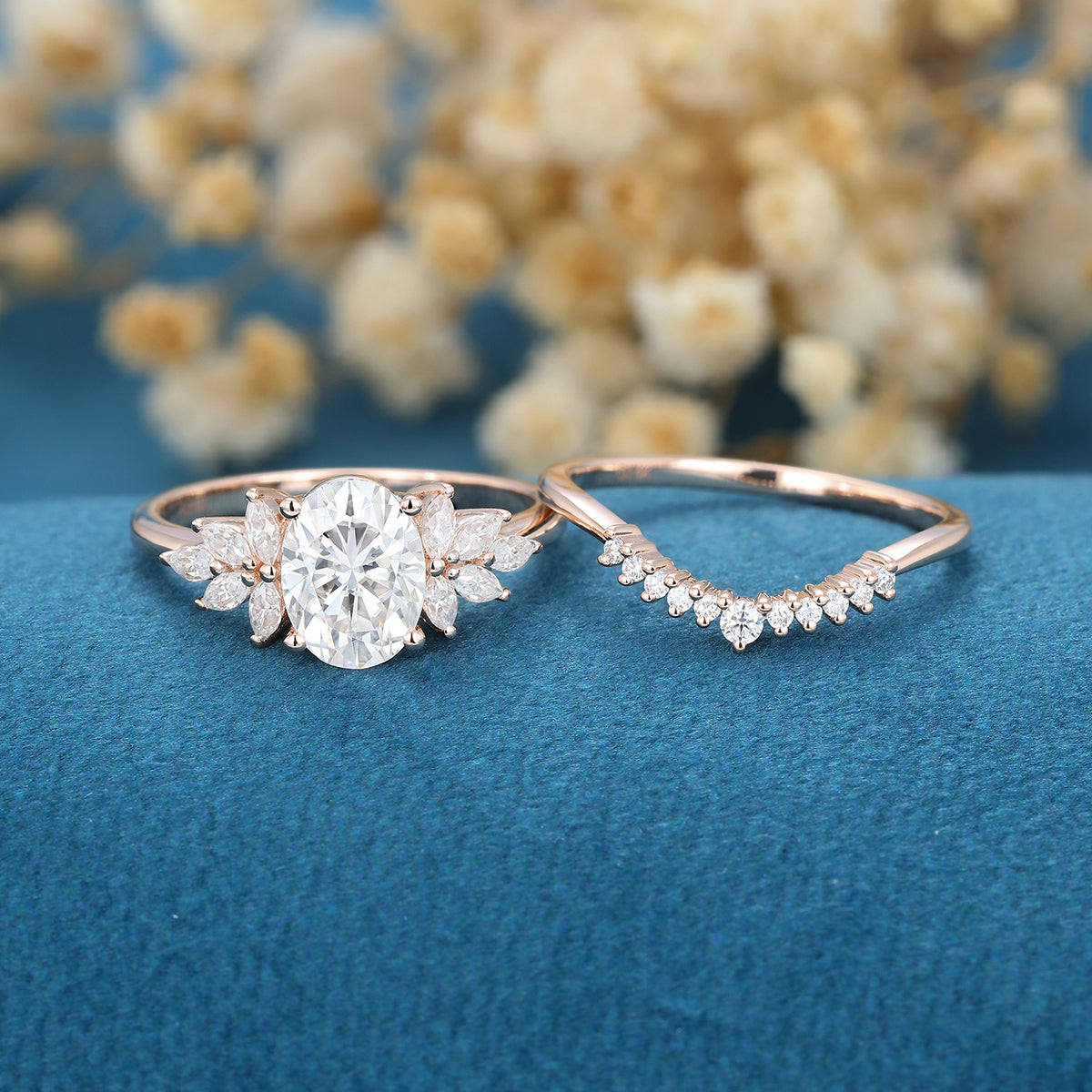 1.33 CT Oval Shaped Moissanite Cluster Bridal Set