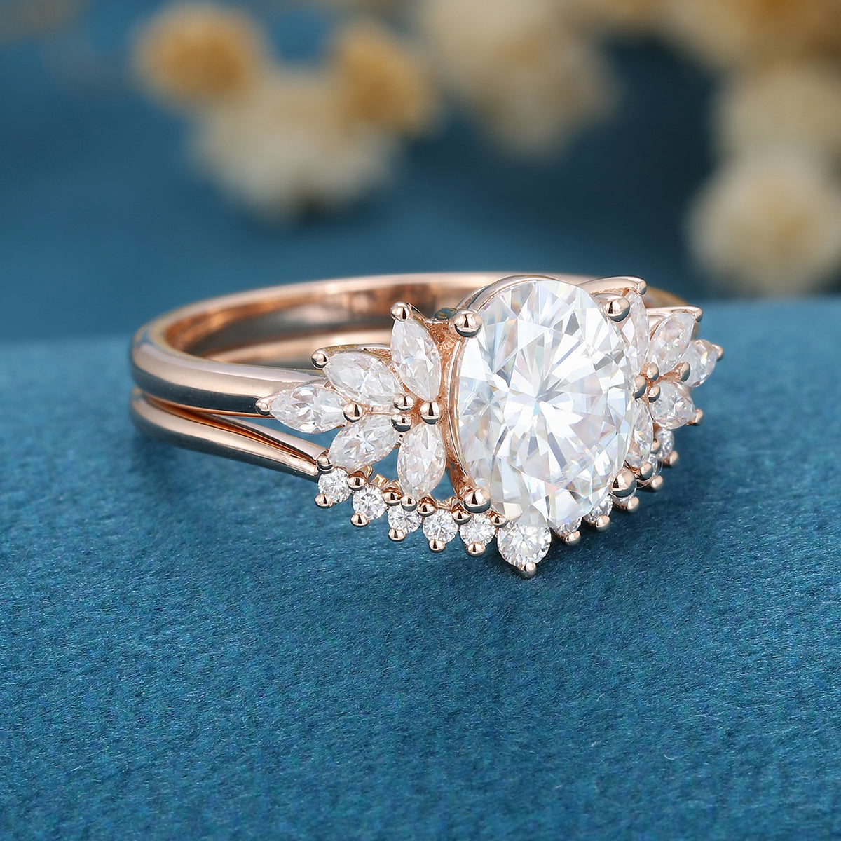 1.33 CT Oval Shaped Moissanite Cluster Bridal Set