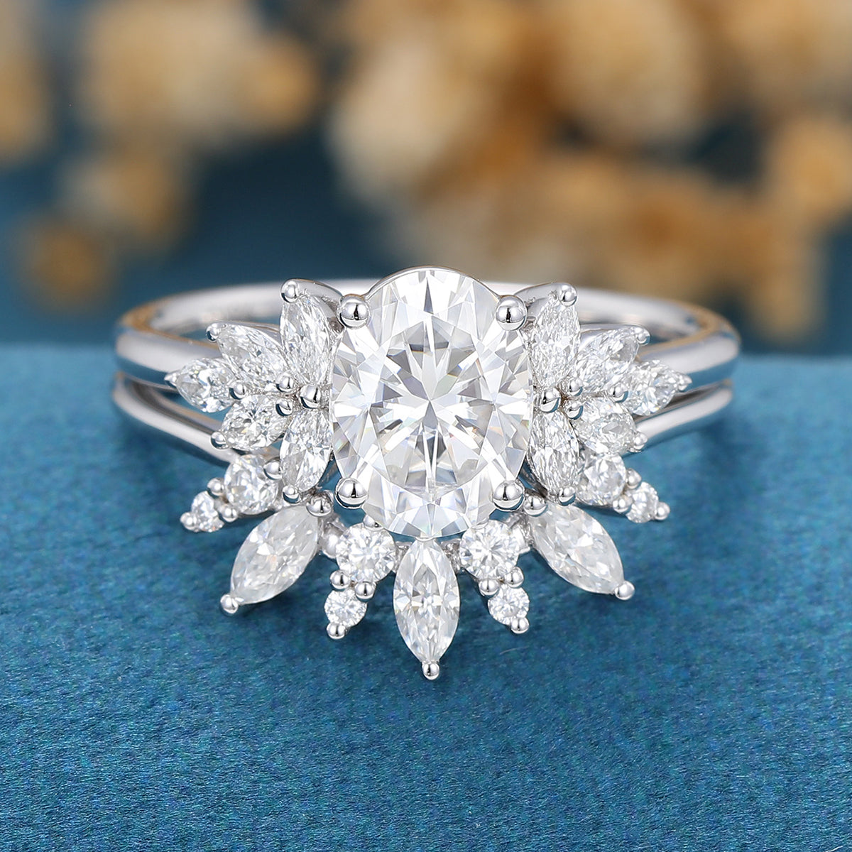 1.33 CT Oval Shaped Moissanite Cluster Bridal Set