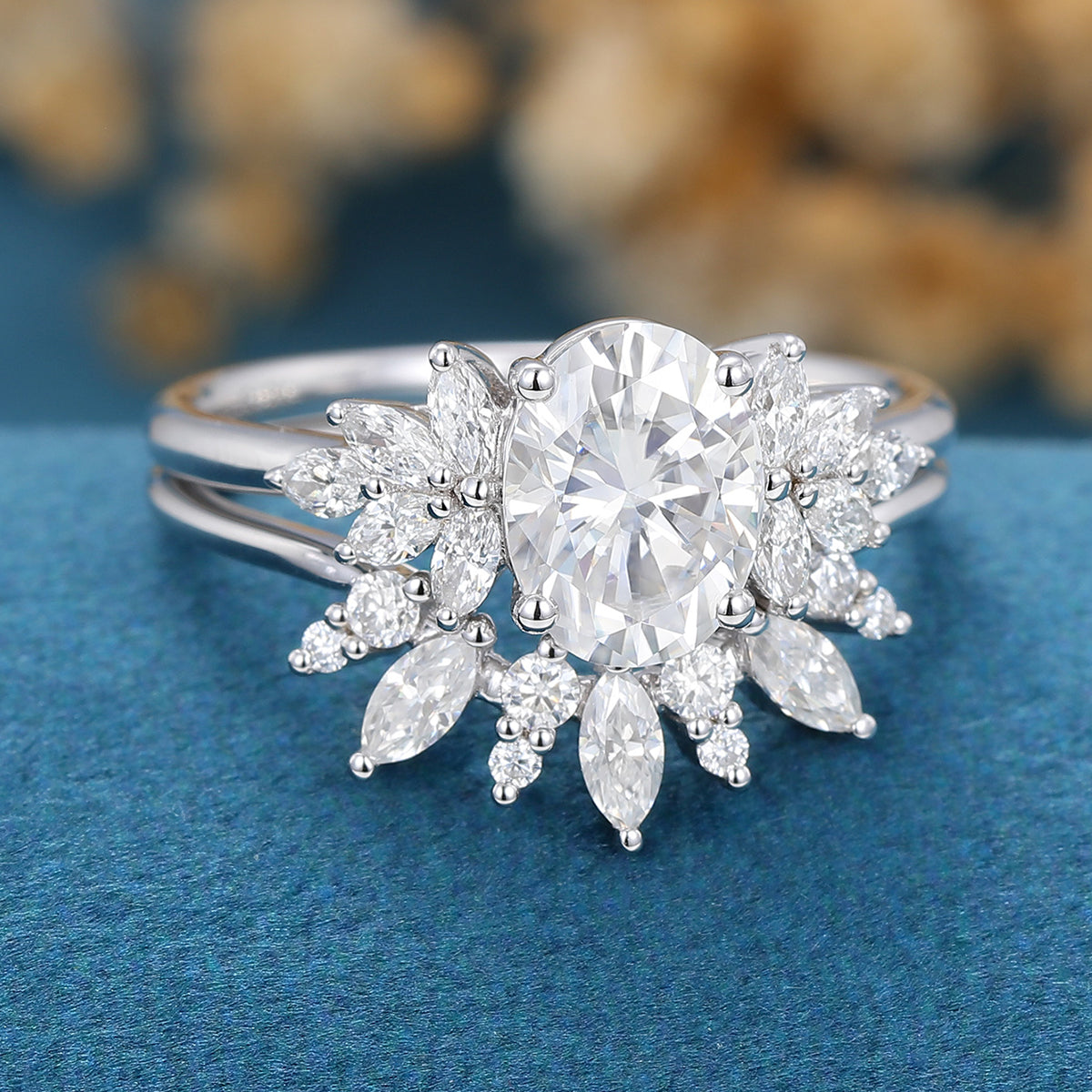 1.33 CT Oval Shaped Moissanite Cluster Bridal Set