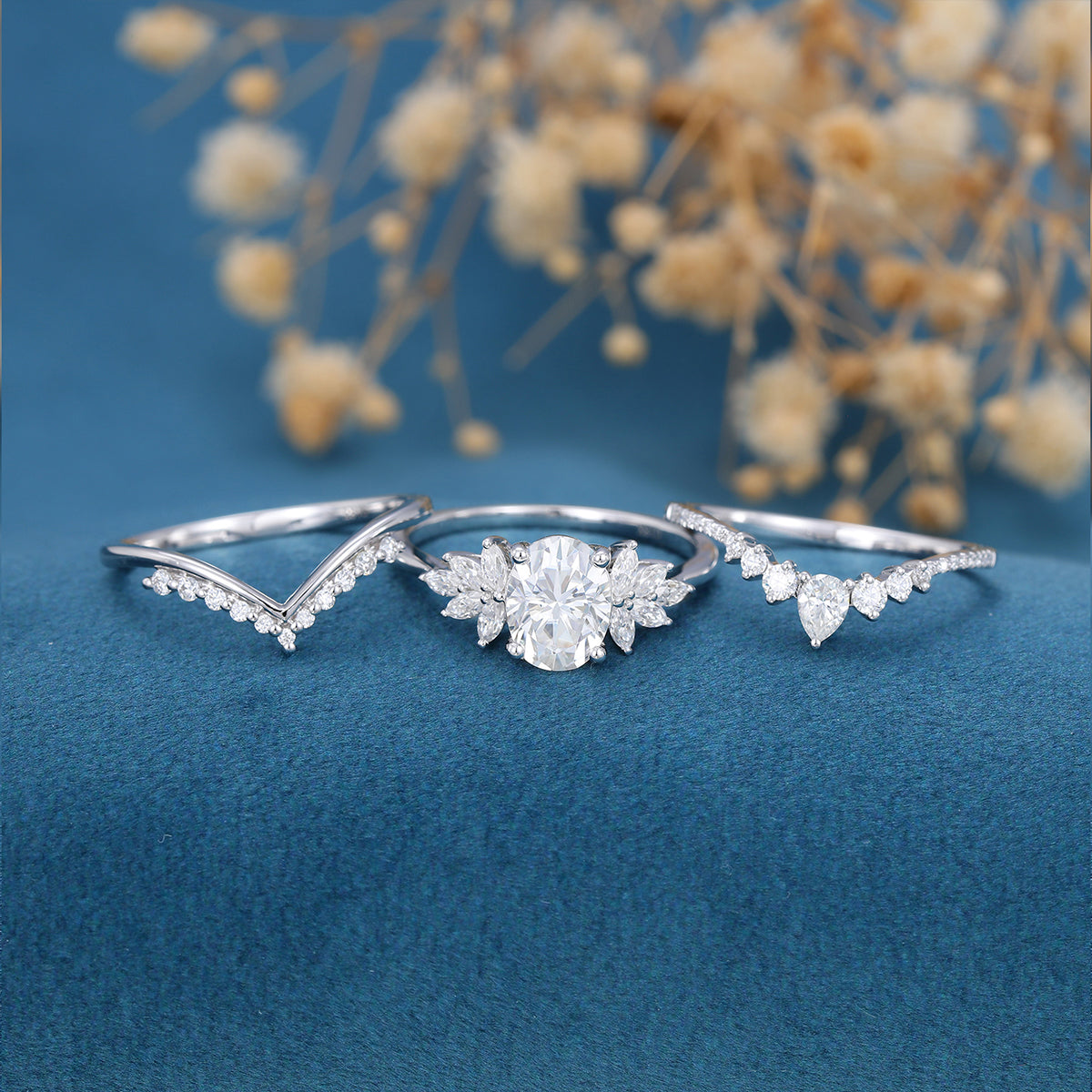 1.33 CT Oval Shaped Moissanite Cluster Bridal Set