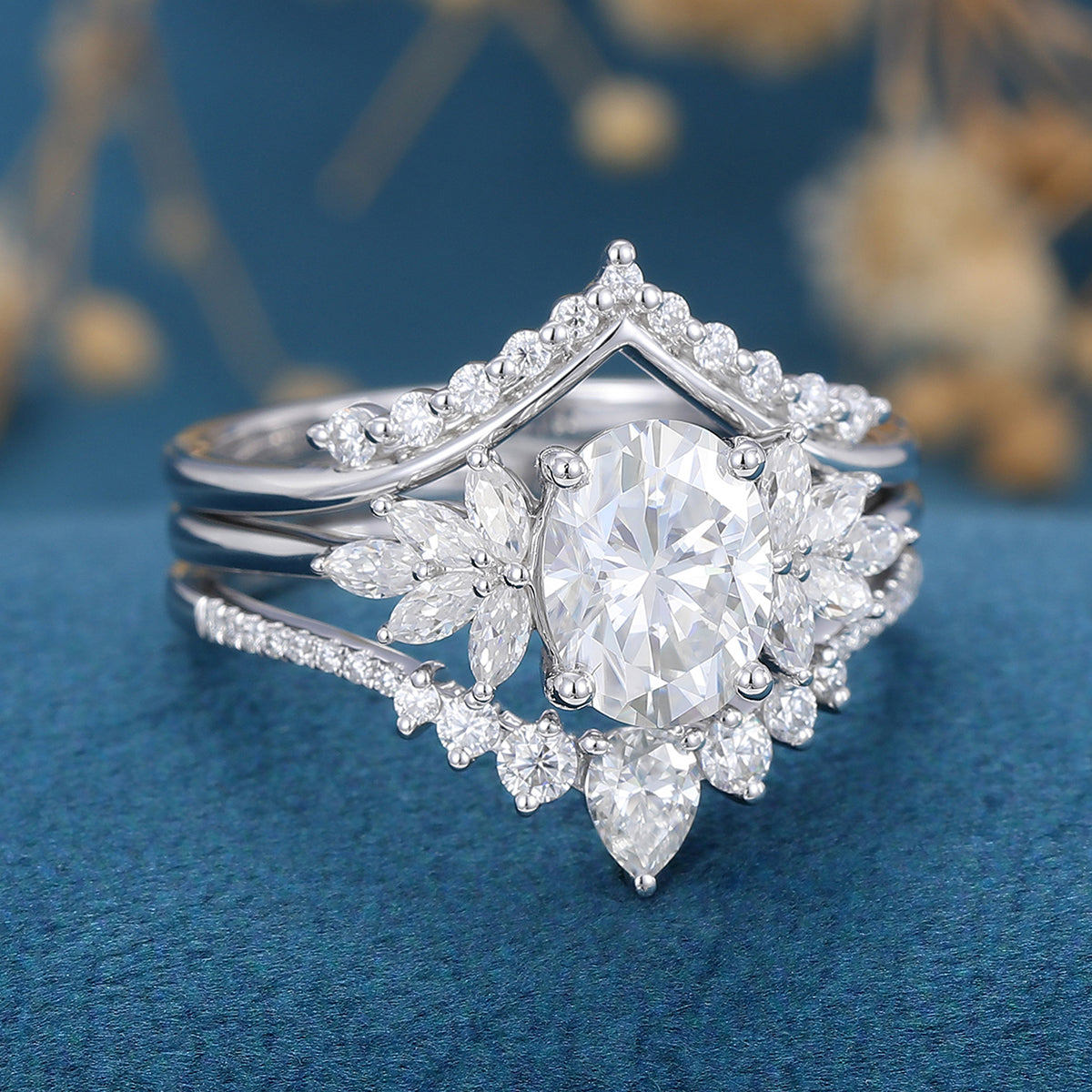 1.33 CT Oval Shaped Moissanite Cluster Bridal Set