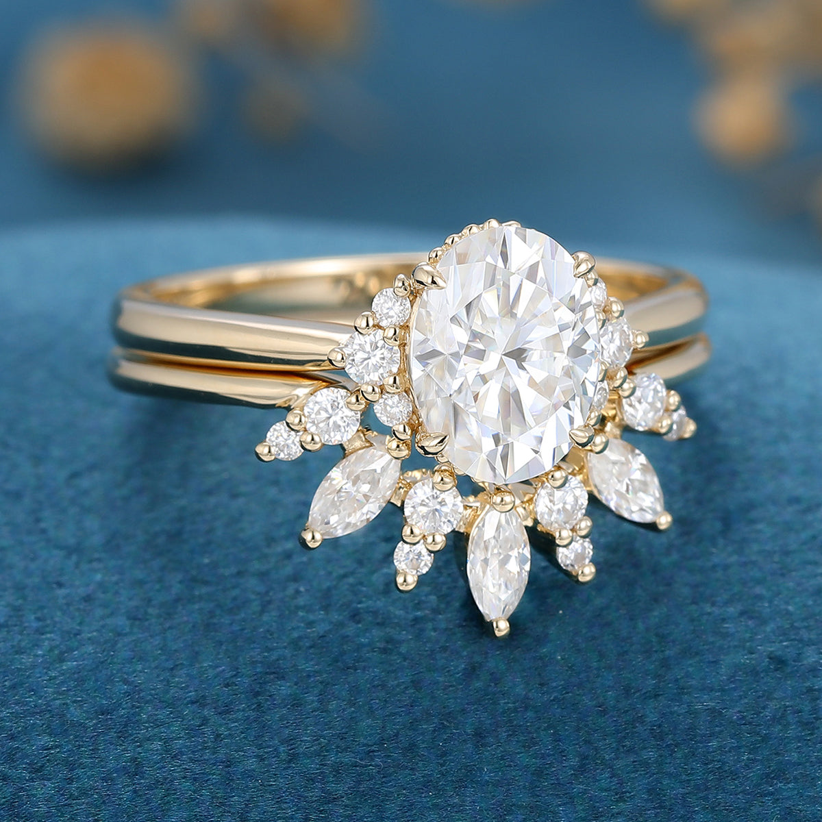 1.33 CT Oval Shaped Moissanite Cluster Bridal Set