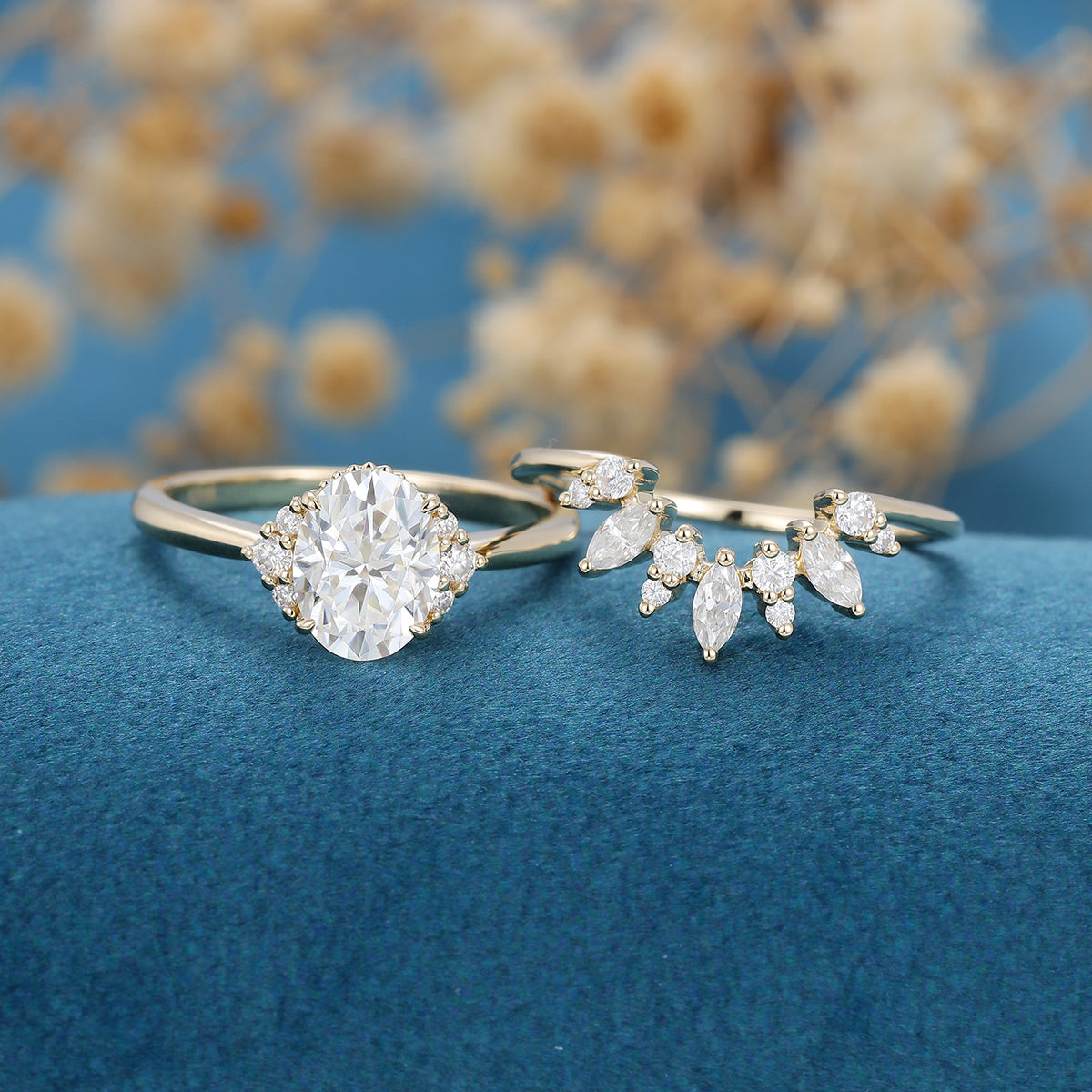 1.33 CT Oval Shaped Moissanite Cluster Bridal Set