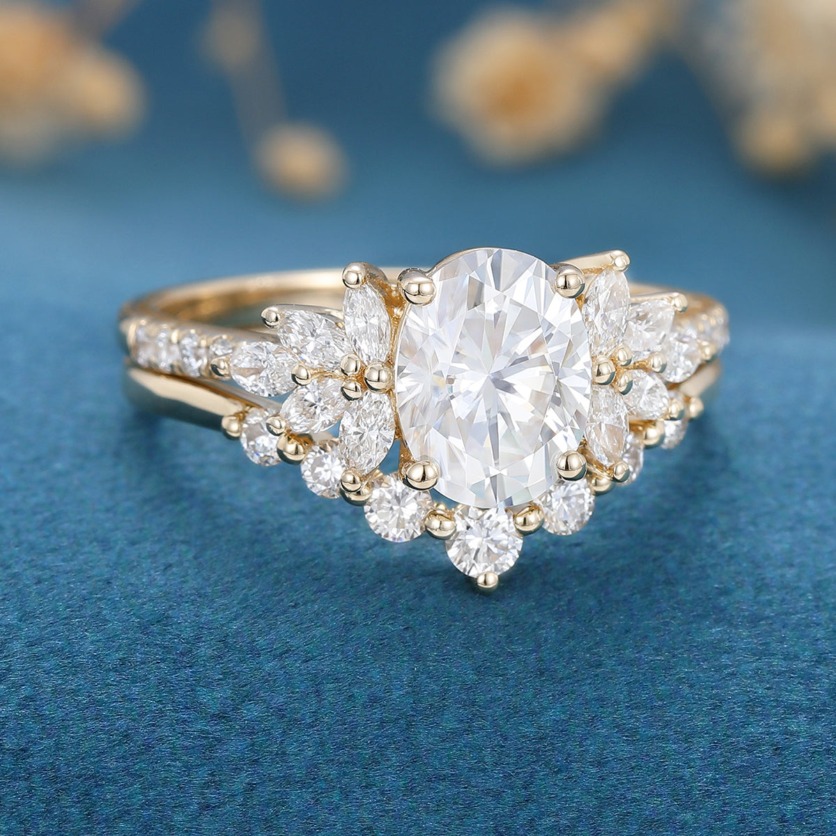 1.33 CT Oval Shaped Moissanite Cluster Bridal Set