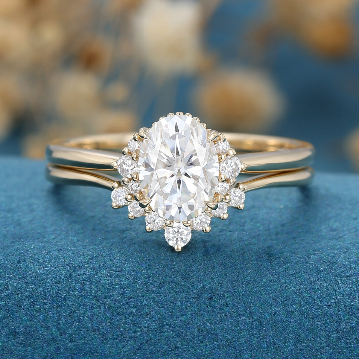 1.33 CT Oval Shaped Moissanite Cluster Bridal Set