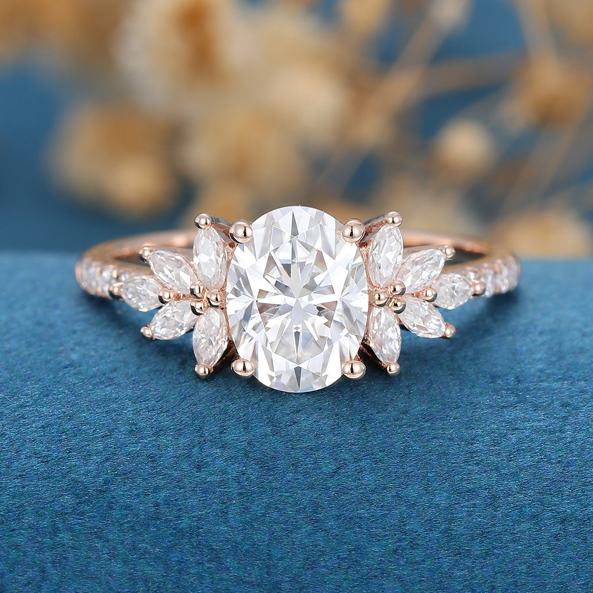 1.33 CT Oval Shaped Moissanite Cluster Engagement Ring