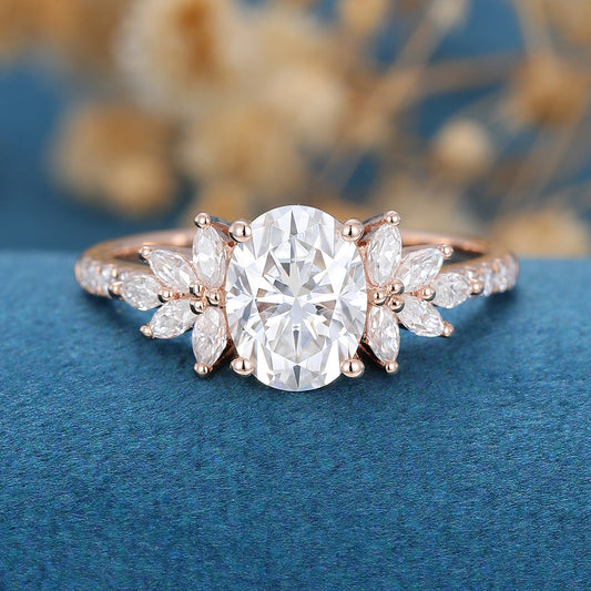 1.33 CT Oval Shaped Moissanite Cluster Engagement Ring