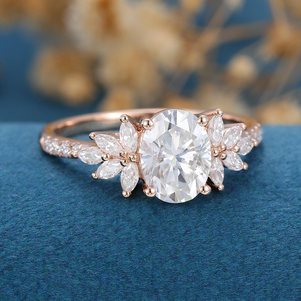 1.33 CT Oval Shaped Moissanite Cluster Engagement Ring