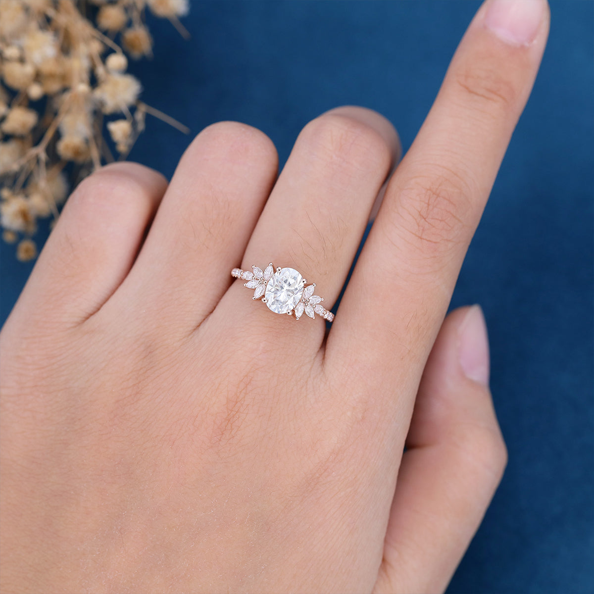 1.33 CT Oval Shaped Moissanite Cluster Engagement Ring