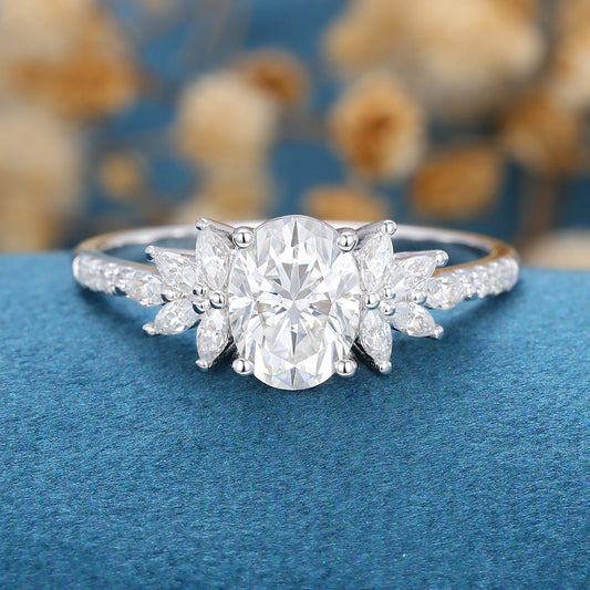 1.33 CT Oval Shaped Moissanite Cluster Engagement Ring