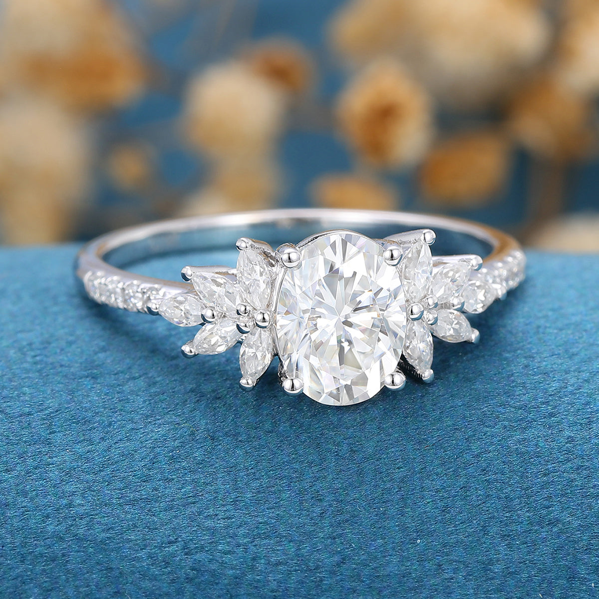 1.33 CT Oval Shaped Moissanite Cluster Engagement Ring