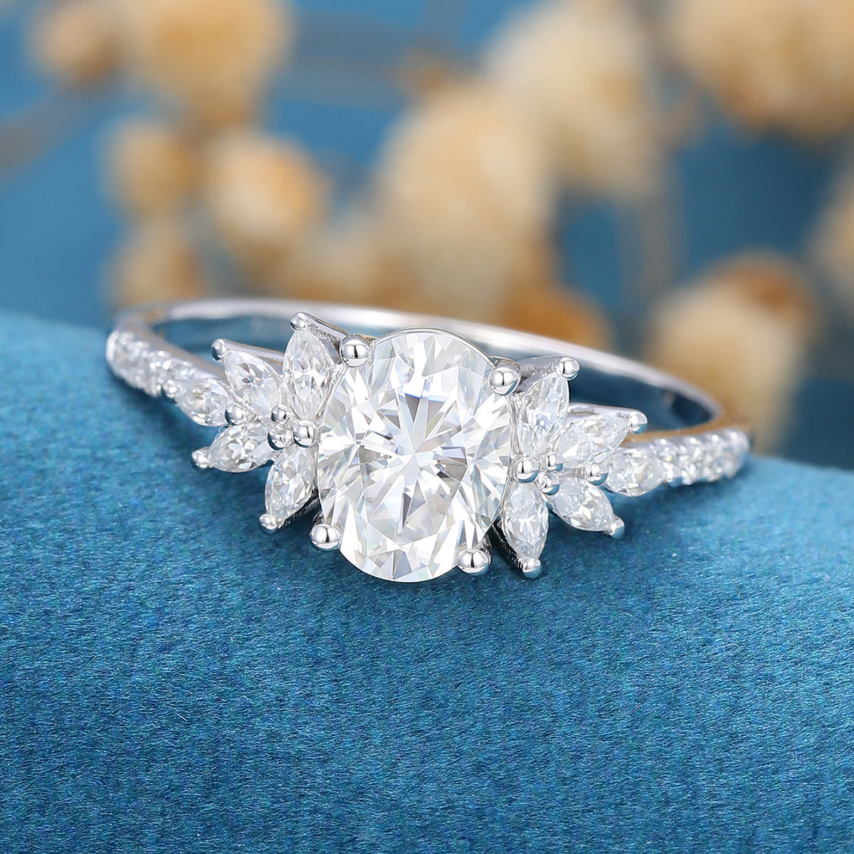 1.33 CT Oval Shaped Moissanite Cluster Engagement Ring