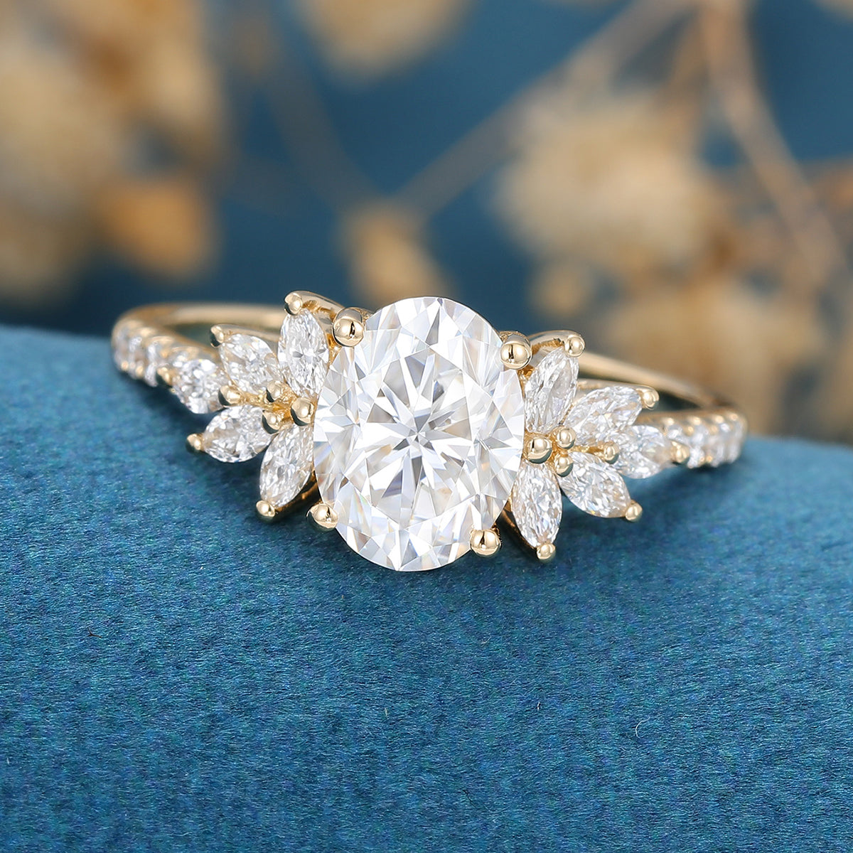 1.33 CT Oval Shaped Moissanite Cluster Engagement Ring