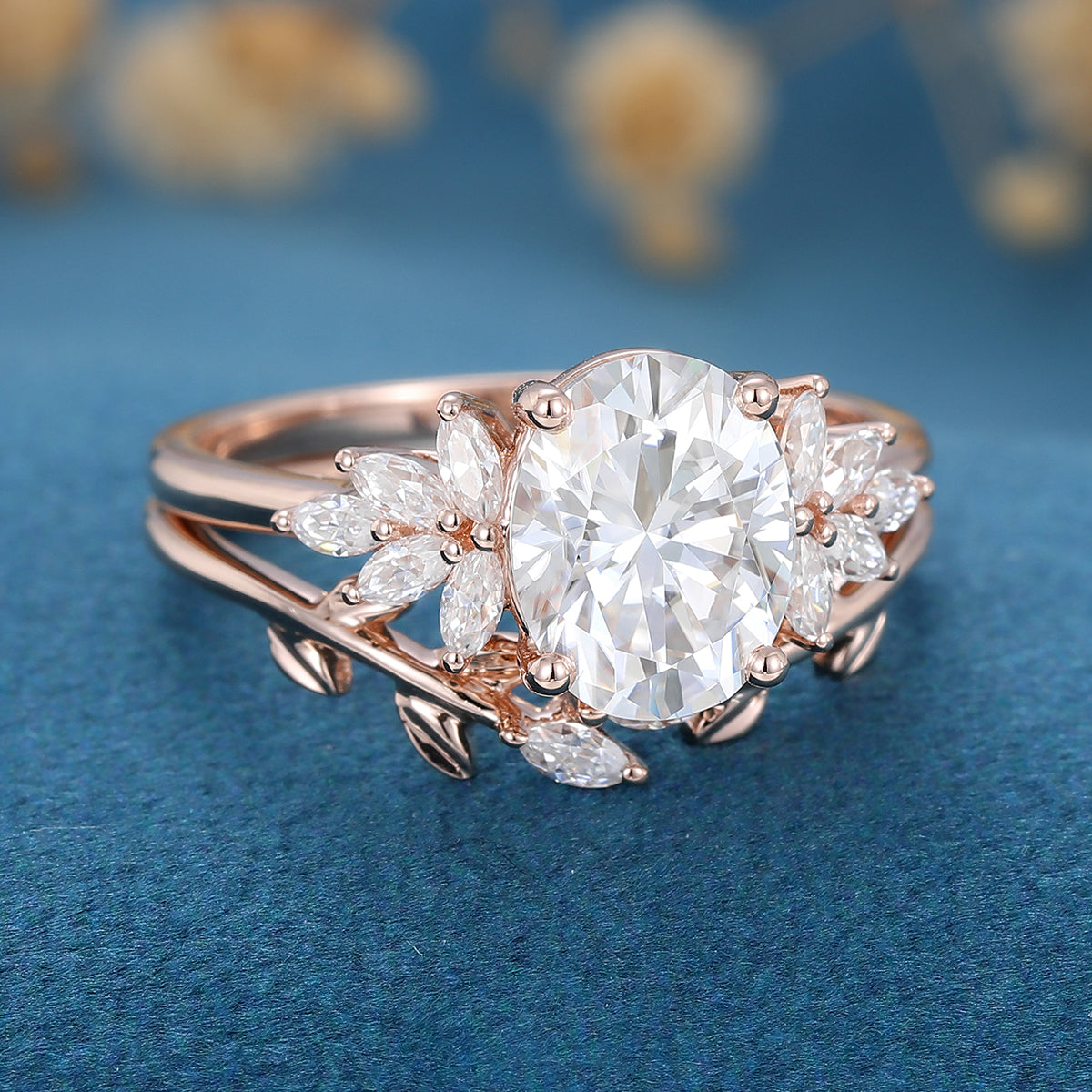 1.33 CT Oval Shaped Moissanite Cluster Bridal Set