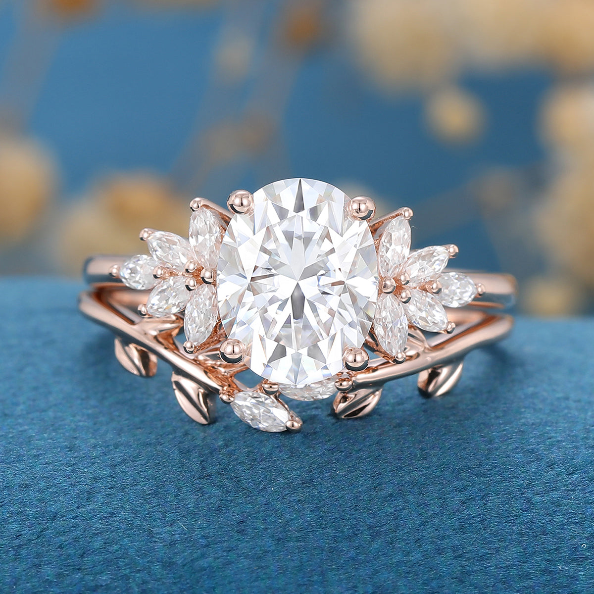 1.33 CT Oval Shaped Moissanite Cluster Bridal Set