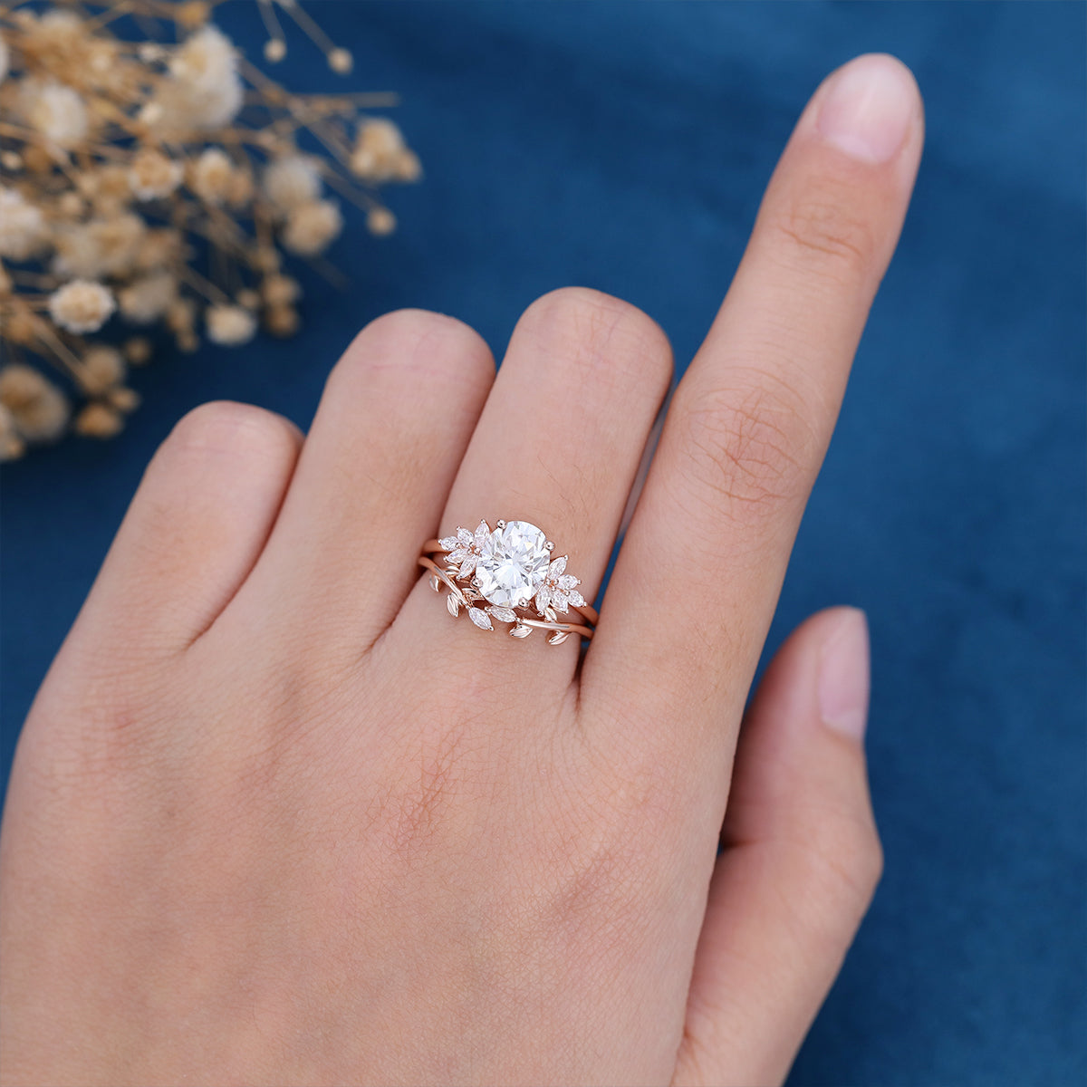 1.33 CT Oval Shaped Moissanite Cluster Bridal Set