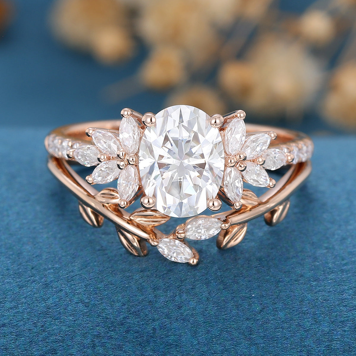 1.33 CT Oval Shaped Moissanite Cluster Bridal Set