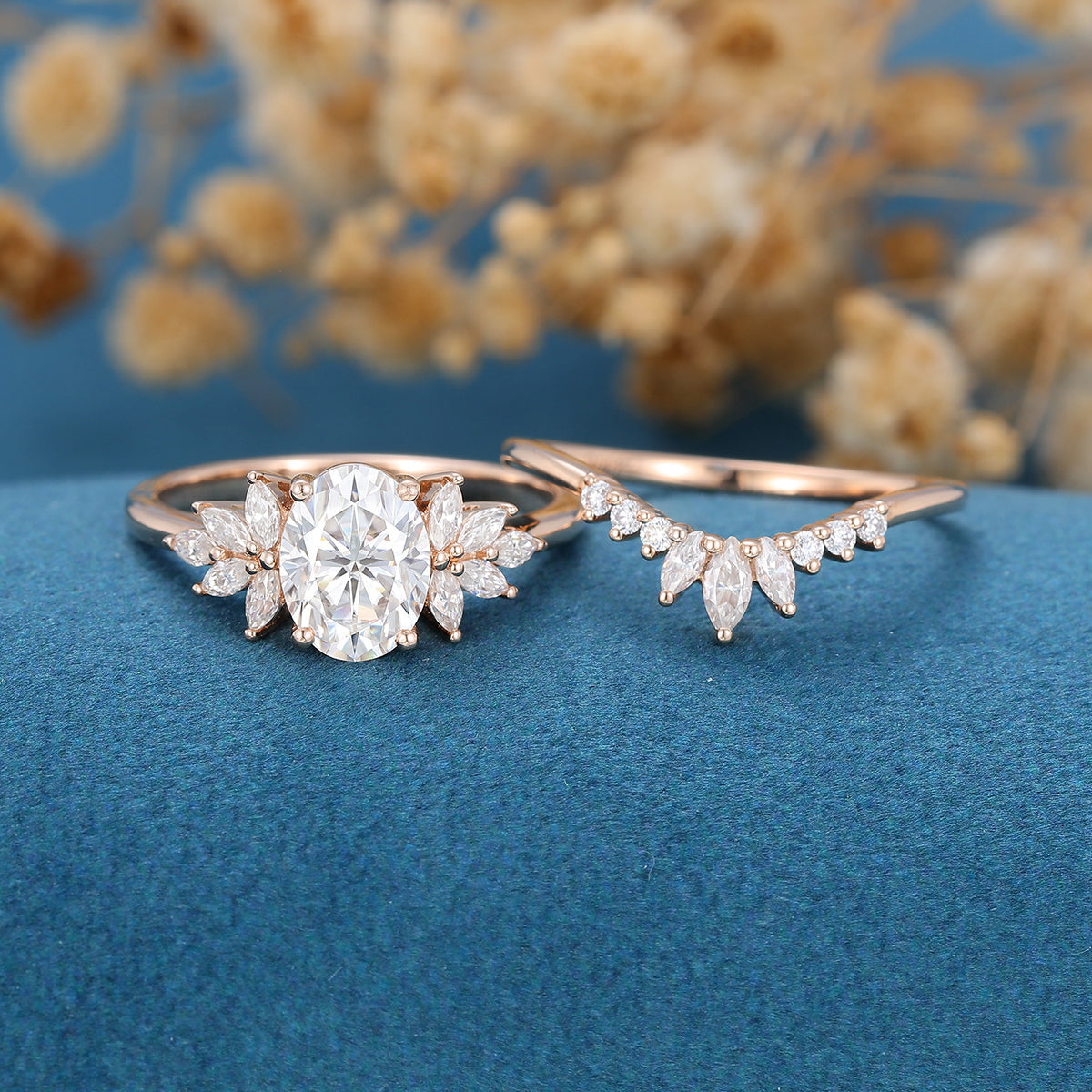 1.33 CT Oval Shaped Moissanite Cluster Bridal Set