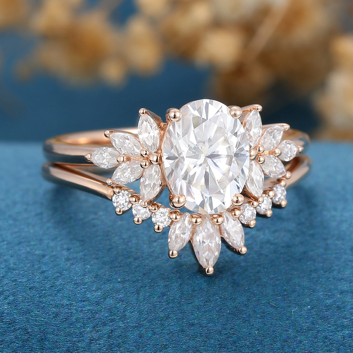 1.33 CT Oval Shaped Moissanite Cluster Bridal Set