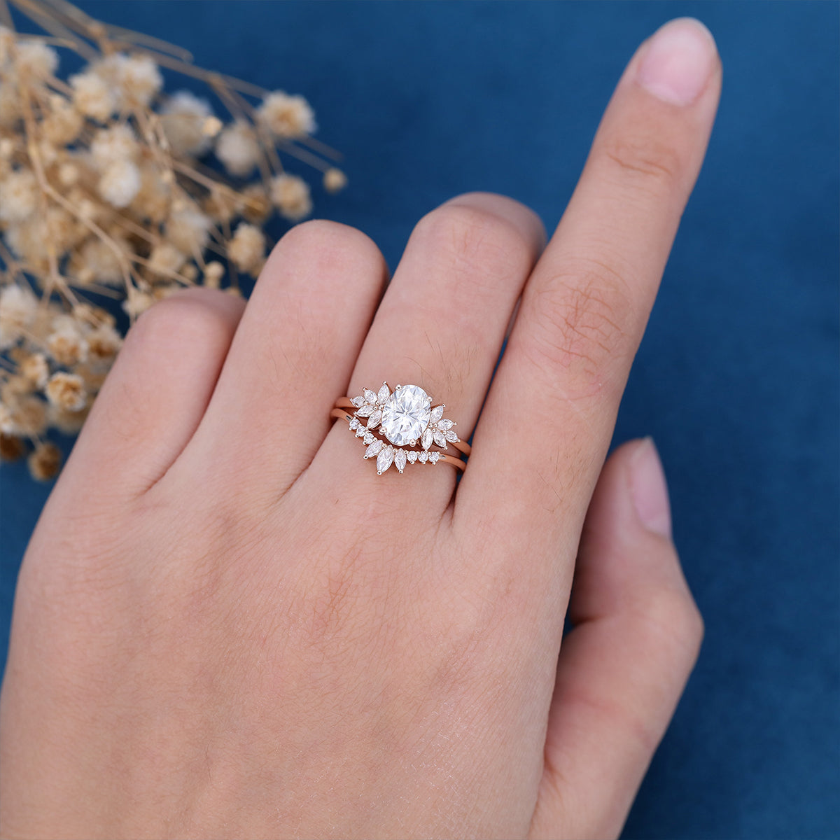 1.33 CT Oval Shaped Moissanite Cluster Bridal Set