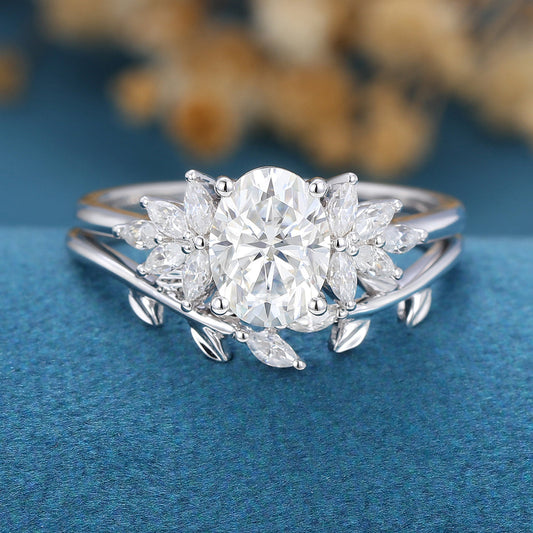 1.33 CT Oval Shaped Moissanite Cluster Bridal Set