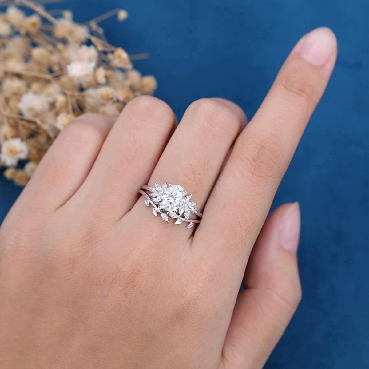 1.33 CT Oval Shaped Moissanite Cluster Bridal Set